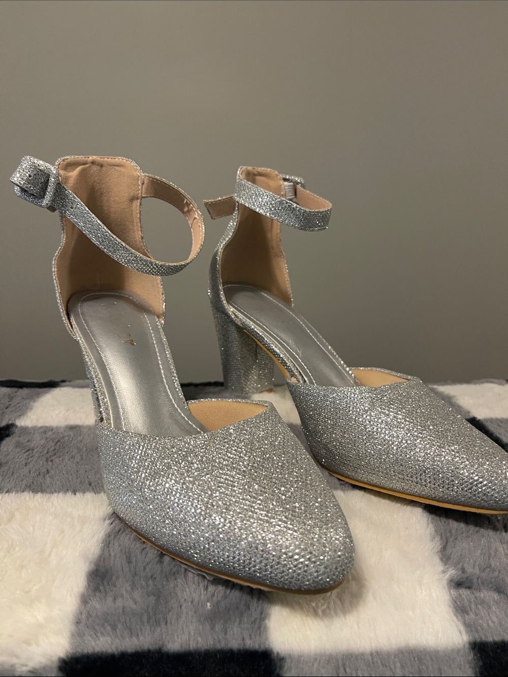 Silver Glitter Ankle-Strap Pointed-Toe Heels for Women